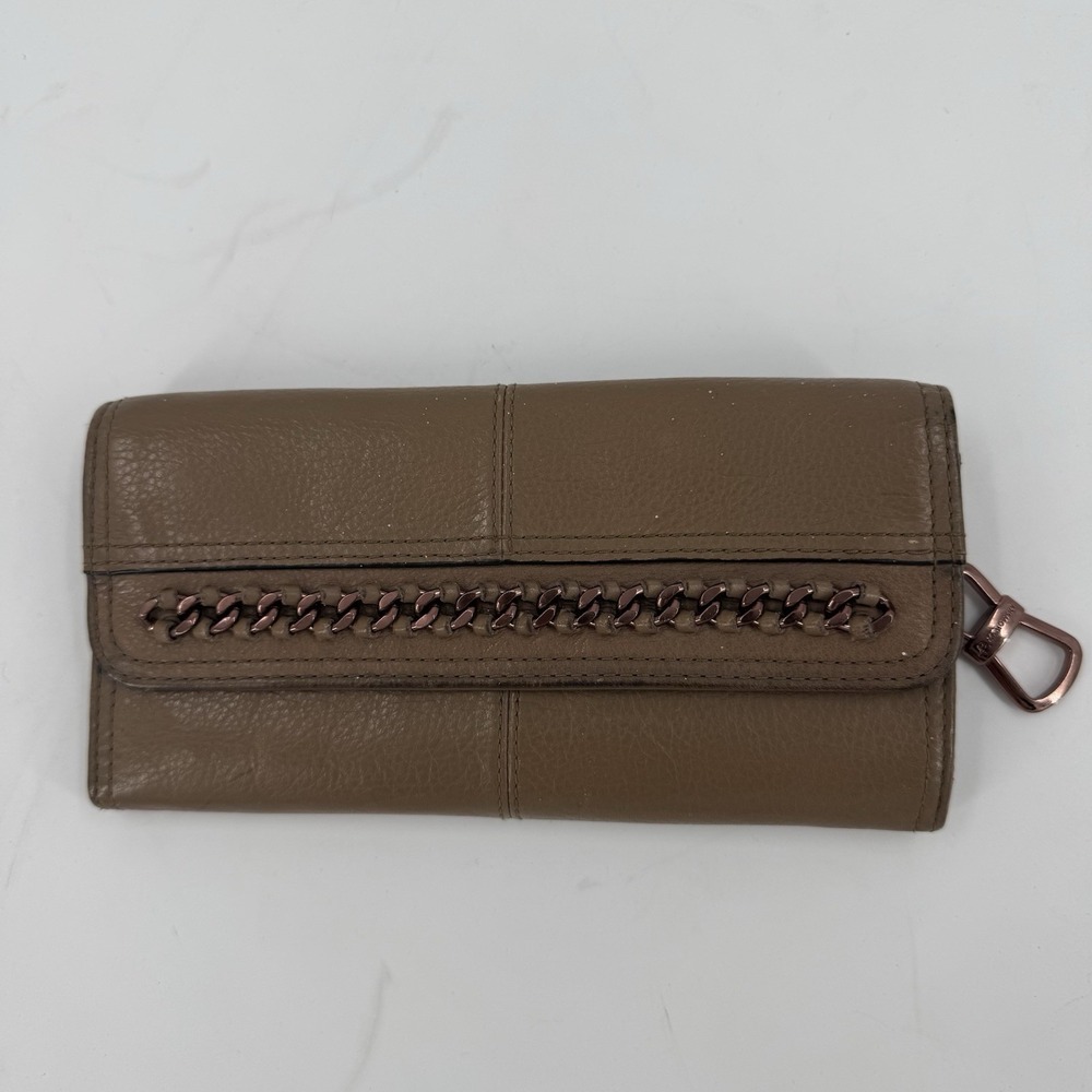 B Makowsky Leather Wallet Taupe Chain Detail Snap Clutch Organizer